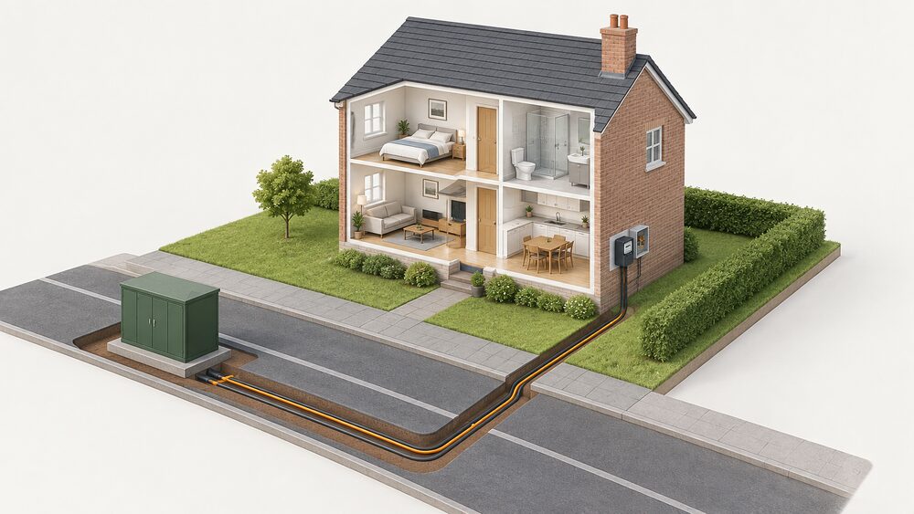 A cutaway view of a house with its electricity supply arriving from a small street substation via underground cables to the service cable and cut-out where the meter connects at the property boundary.