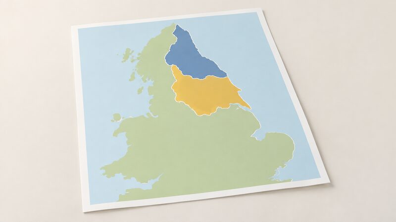 A simplified map of northern England drawn as a printed sheet, with two plain shaded regions covering North Eastern England and Yorkshire, separated by a clear boundary, with simplified coastline and land shapes and no names or numbers.