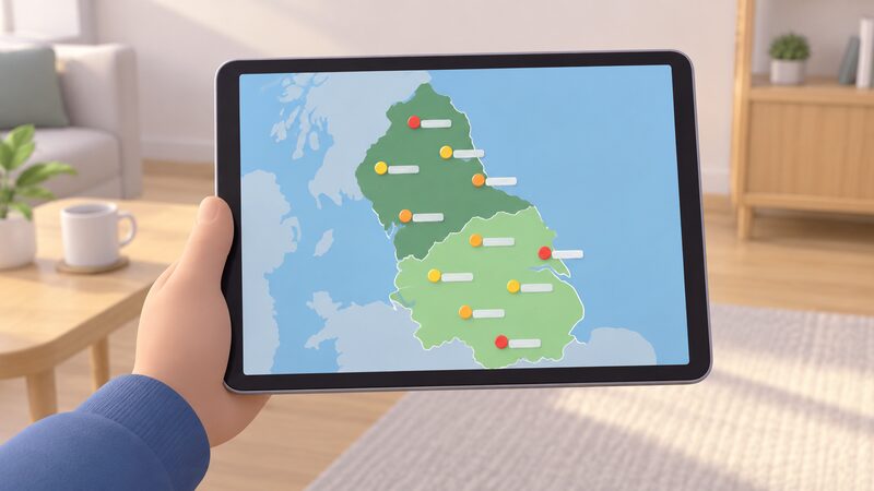 A tablet screen held in one hand displaying a live power cut map of northern England, with simplified coastline and plain colour regions and small outage markers scattered across both licence areas, each marker paired with a blank status band suggesting restoration times.