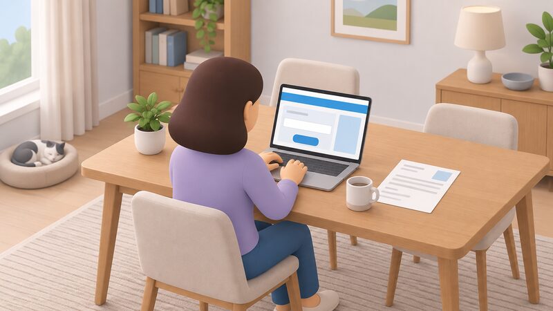 A householder at a table at home using a laptop showing a postcode lookup page, with a plain energy bill lying beside them to suggest the billing company is separate from the network operator being identified.
