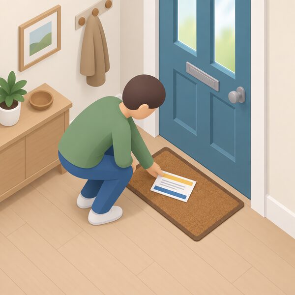 A postcard about a planned power cut lying on a doormat inside a house front door, being picked up by a simplified householder figure, with its content shown only as blank lines and plain colour bands so nothing readable appears.