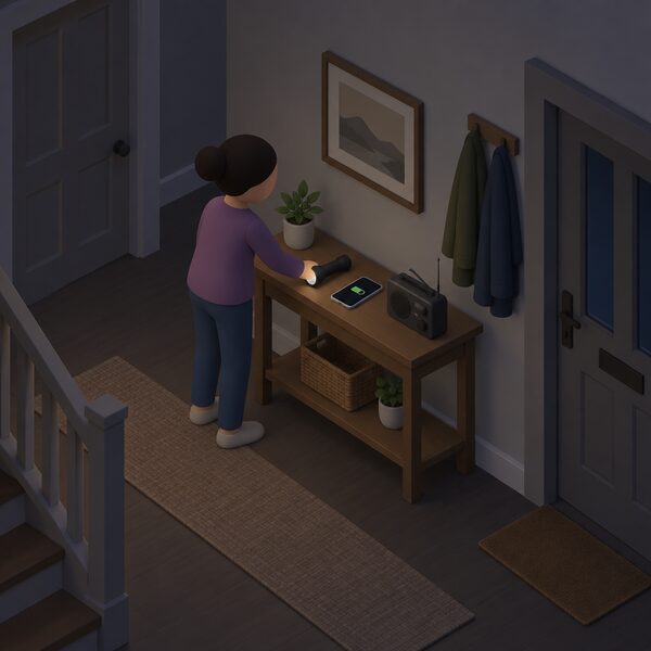 A small isometric figure places a torch on a shelf or table in a dim home hallway, where it is easy to reach, with a charged mobile phone and a battery-powered radio nearby as the household prepares for a planned power cut.