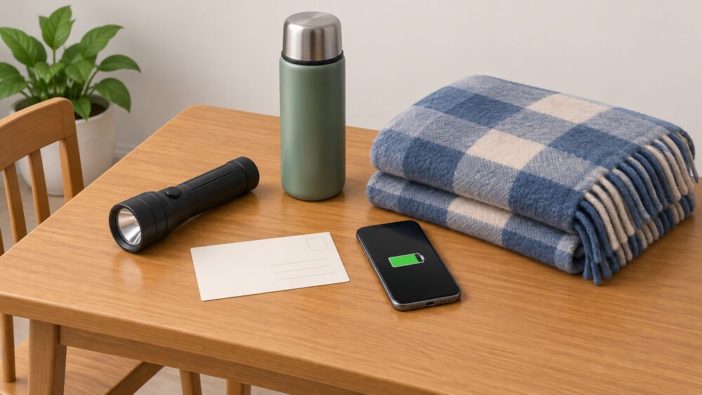 A kitchen table with a blank notification postcard lying beside a torch, a fully charged mobile phone, a thermos flask and a folded blanket, the household kit for getting through a planned power cut.