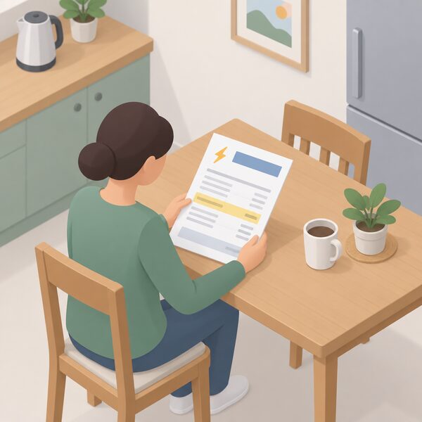 A domestic electricity bill lying on a kitchen table, drawn as a physical paper document with plain colour bands and blank lines, beside a small isometric figure of a household customer reading it, with the unit rate line highlighted as a simple band.