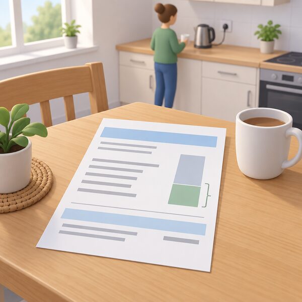 A household energy bill lying on a kitchen table beside a mug, drawn as a physical document with plain colour bands and blank lines, with a smaller plain block representing the government-funded share of the levy shown as a distinct shaded portion of the total.