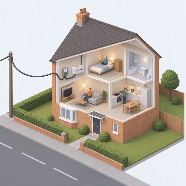 A simple UK house shown in cutaway with an incoming electricity supply cable from the street entering the meter and consumer unit, and simplified isometric figures of the household drawing power only through that cable, with the roof and walls deliberately bare of any panels, turbine or other generation equipment.
