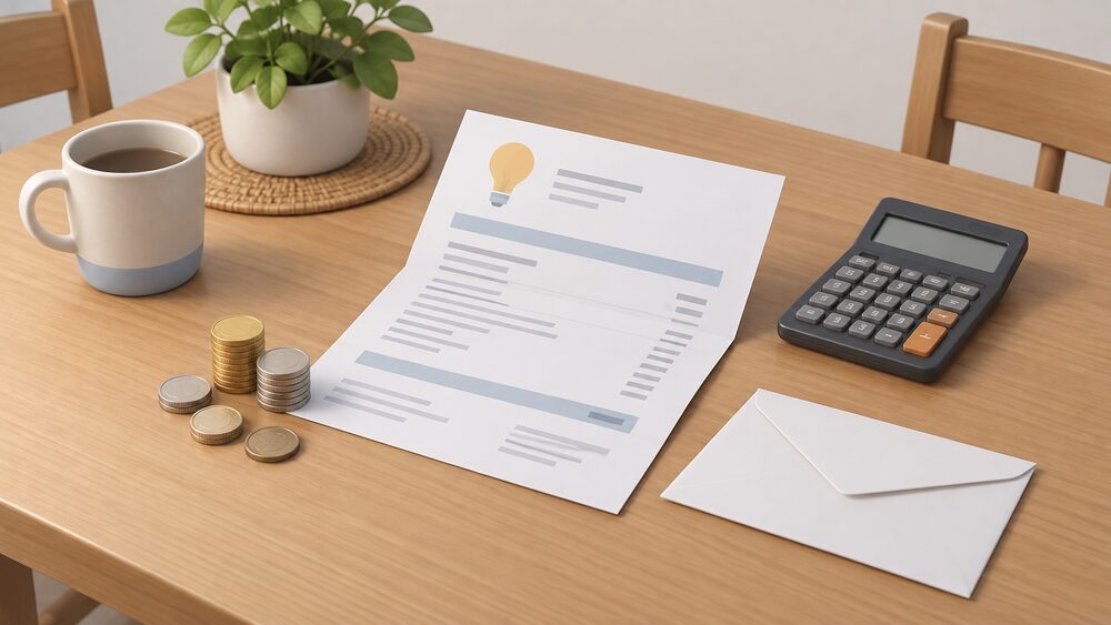 A kitchen table with a folded household electricity bill lying open beside a small stack of coins, a calculator and a blank envelope, suggesting a householder working out what a closed scheme levy adds to the bill.