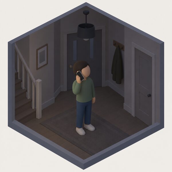 A simplified isometric figure stands in a dim home hallway holding a mobile phone to their ear, with a dark unlit ceiling lamp above and a blank phone screen, showing a household calling 105 to report a power cut.