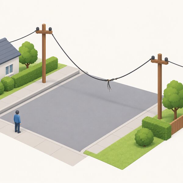A sagging, damaged overhead power line drooping low over a street or garden, with a small isometric figure standing far back on the pavement well clear of the line beneath it, looking toward the hazard without touching or approaching it.