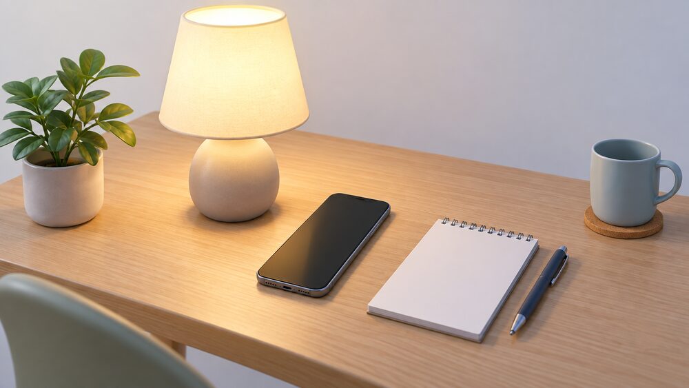 A mobile phone lying on a kitchen table beside a lit table lamp and a blank notepad with a pen, the moment a household picks up the phone to report flickering lights to their network operator.