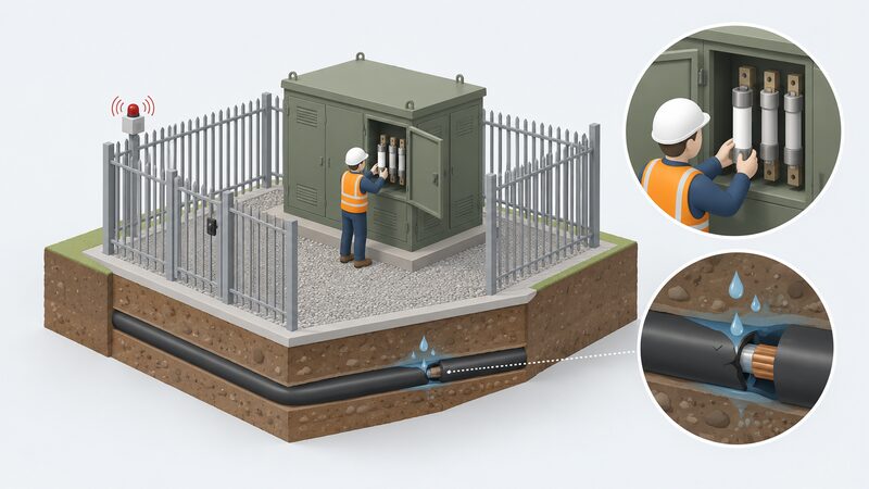 An isometric electricity worker in plain clothing and safety helmet stands inside a small fenced substation, opening a fuse compartment on the equipment and fitting a replacement fuse, with a cutaway of the underground cable beneath showing moisture entering a small hole in its damaged insulation.
