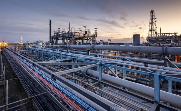 Industrial pipework and steel structures at the Centrica gas storage facility in Easington, East Yorkshire at dusk