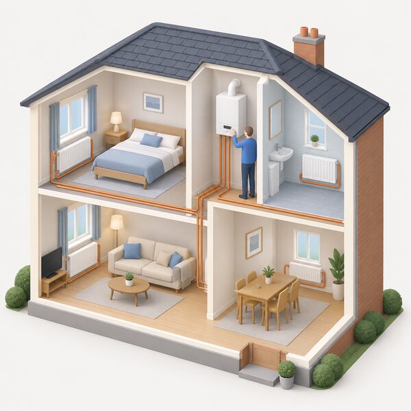 A cutaway domestic scene showing a wall-mounted gas boiler connected by pipework to radiators warming the rooms of the house, with a simplified figure checking the boiler, illustrating the gas system that heats the home.