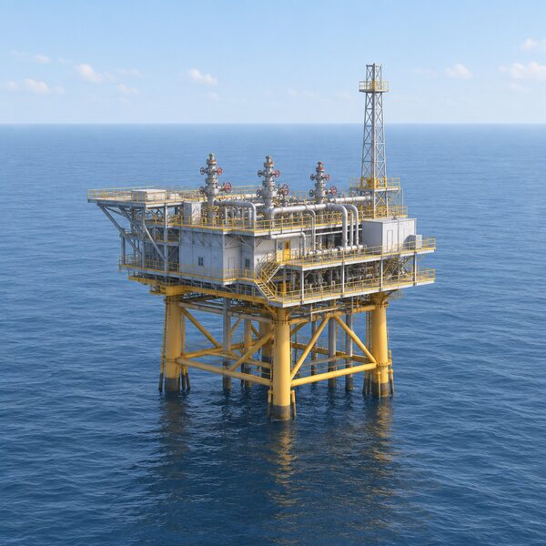 An offshore gas platform standing alone in the open sea on steel legs, with wellheads and pipework on its decks, drawn as a calm wide scene to show that the wells and platform remain in place even after the production consent lapses.