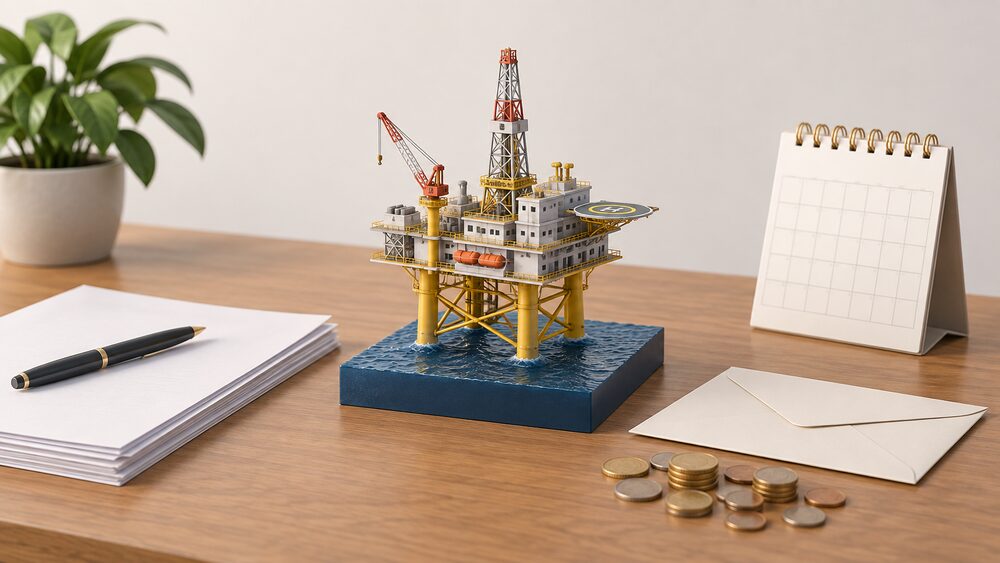 A small model of an offshore gas storage platform standing on a wooden table beside blank paperwork, a sealed envelope and a scatter of coins, with a calendar page nearby, suggesting a commercial decision about a national asset.
