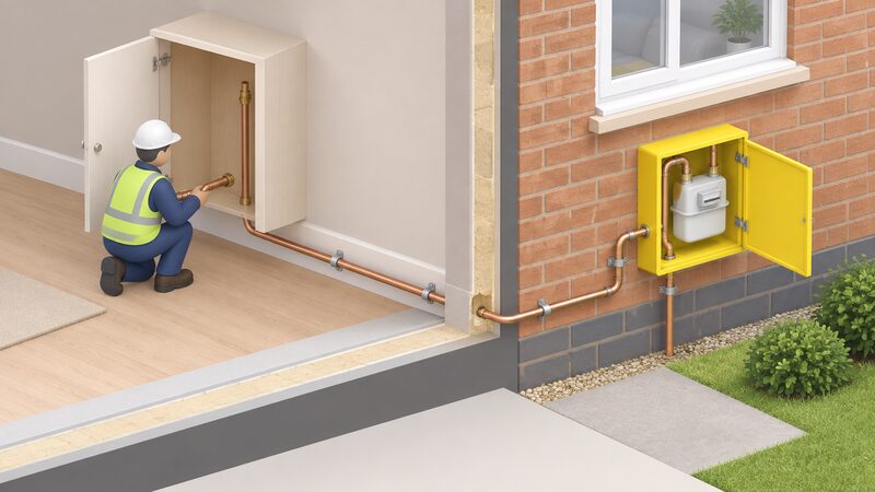 An engineer relocating a domestic gas meter from an open cupboard inside a house to a yellow meter box on the outside wall, with the service pipe and new pipework run between the two positions.