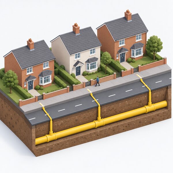 A cutaway view of a residential street showing a gas distribution main running beneath the road with service pipes branching to connect several homes along the pavement.