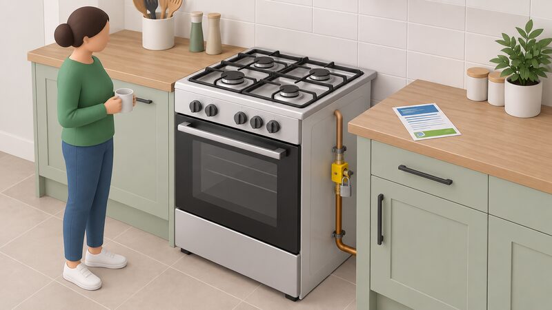 A domestic kitchen scene showing a gas cooker with a locking cooker valve fitted on the gas supply pipe beside it, and a priority services leaflet resting on the worktop next to the cooker.
