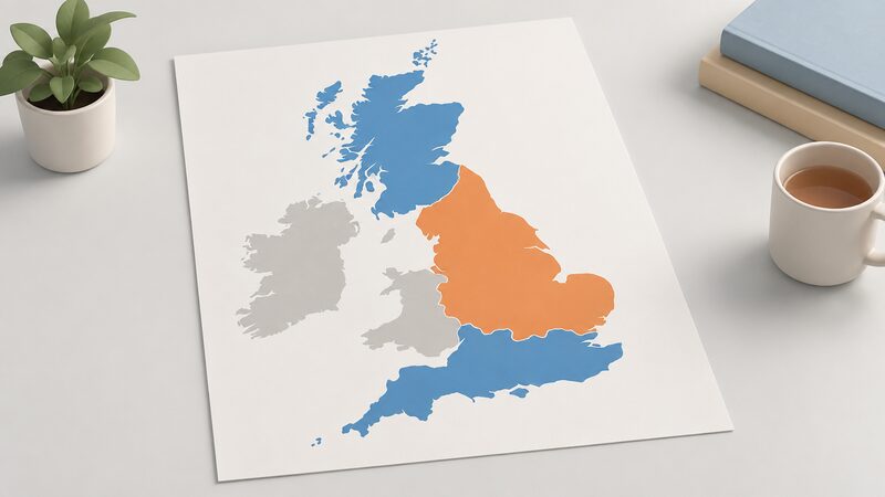 A simplified map of Great Britain drawn as a printed sheet, with plain colour shading showing the SGN area across Scotland and southern England and the Cadent area across the Midlands, North West and East, meeting along clear boundaries without overlapping.