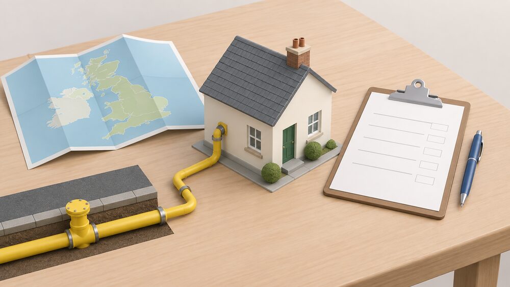A small model house sits on a table beside a folded map of Great Britain and a blank application form on a clipboard, with a short length of yellow gas pipe running from a model street main into the house, representing the moment a householder works out which network serves their address.