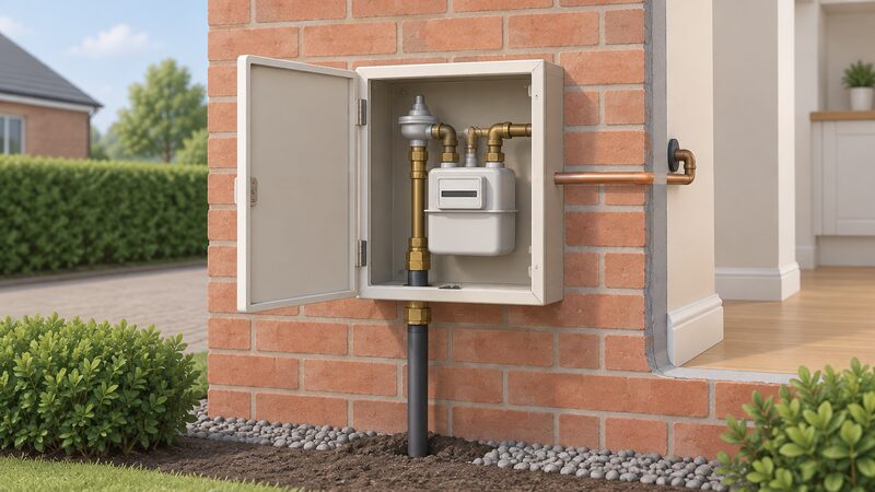 An outdoor gas meter box recessed into the external wall of a house, its hinged lid open to show the meter inside, with the underground supply pipe rising into the box and a smaller pipe leaving the meter through the wall into the property.