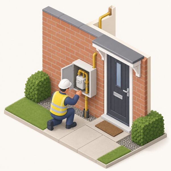 An exterior wall of a simple brick house with a gas meter in a small surface-mounted box beside the front door, fed by a service pipe rising from the ground and continuing inside, with a simplified isometric engineer figure checking the meter.