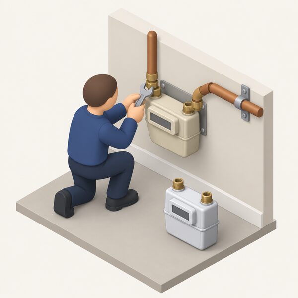 A small isometric engineer in plain work clothing kneels at an internal gas meter on a UK home's interior wall, disconnecting the old meter from the inlet pipe and outlet pipework with a spanner, the removed meter set aside and the new meter ready to fit.