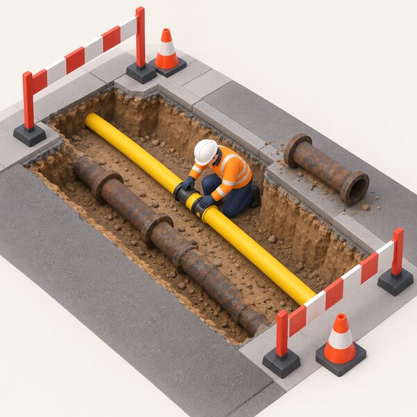 An open street excavation where a worker in high-visibility clothing and a hard hat connects a new yellow plastic gas pipe to the existing network beside the uncovered old cast iron metal pipe being removed.