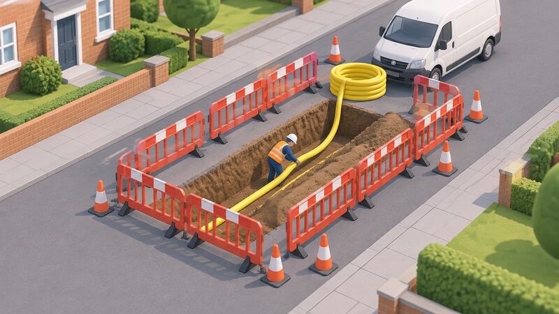 An open trench in a residential street with a new yellow plastic gas pipe being laid inside it, safety barriers and cones around the excavation, and a plain work van parked behind, with a worker in the trench guiding the pipe.