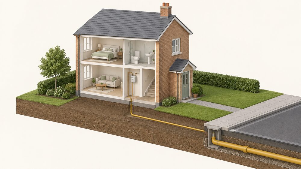 A cutaway view of a house with a gas meter mounted on an inside wall near the front, connected by a service pipe that runs under the garden and out beneath the pavement to a gas main in the street.