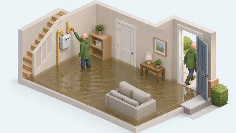 A flooded ground-floor room with murky water across the floor, showing the wall-mounted gas meter and its emergency control valve positioned above the water line, with a small figure reaching to turn the valve off before leaving.