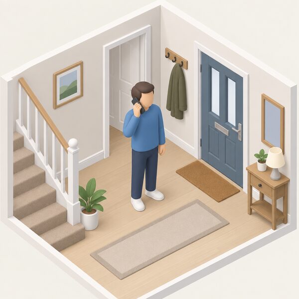 A simplified isometric figure stands in a home hallway holding a phone to their ear, calling the free 24-hour gas emergency line, with a plain handset or mobile shown as a physical object and no readable numbers or words anywhere in the scene.