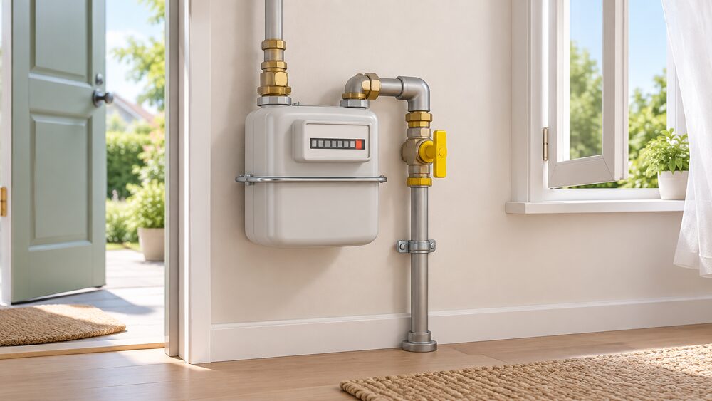 A close-up of a domestic gas meter on an indoor wall with its emergency control valve beside it, the valve handle turned through 90 degrees to the closed position, with an open door and window in the background letting fresh air through.