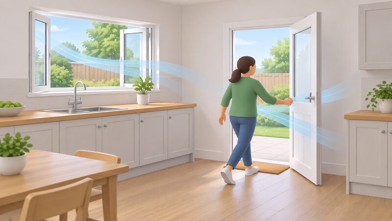 A householder in a plain kitchen pushes open a back door and slides a window wide open to let fresh air through, with no switches touched, no flames and no appliances in use, before leaving the room.