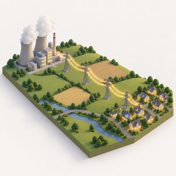 A simplified countryside landscape with electricity pylons and power lines carrying energy from a large power station on one side, across fields, to a small town with lit houses on the other, showing power flowing from generation to use.