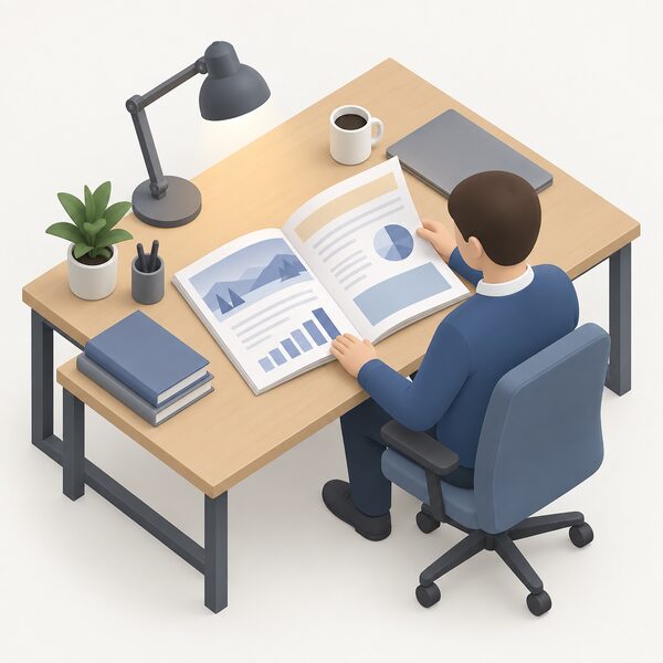 A printed Winter Outlook report lying open on an office desk, its pages showing plain colour bands and blank chart blocks, beside a lamp and a mug, with a simplified isometric figure of a reader seated at the desk turning a page.