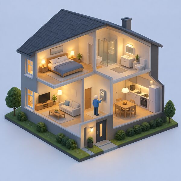A cutaway view of a normal house at evening with lamps and appliances running undisturbed, while a small simplified isometric figure stands indoors beside the household electricity meter mounted on an inside wall, everything appearing perfectly ordinary despite the nationwide voltage reduction.