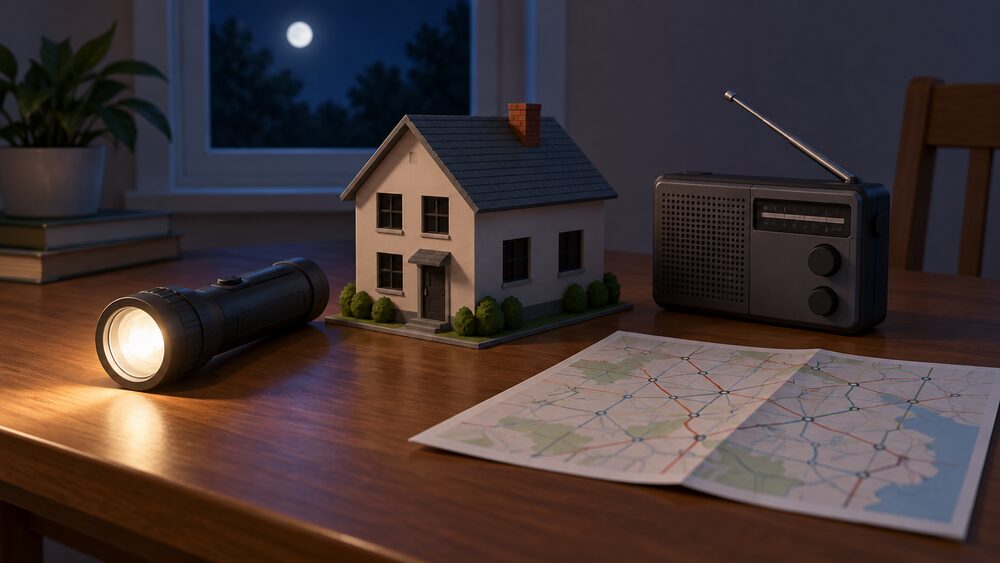A small model house with dark, unlit windows sits on a table at night beside a battery radio, a torch and a folded paper map of a grid network, suggesting a planned emergency power cut reaching a household.