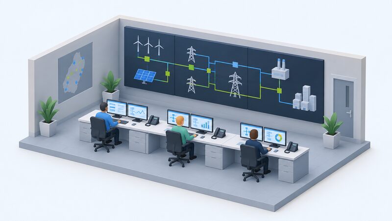 A simplified isometric electricity control room with large wall-mounted screens showing plain schematic diagrams of the grid, and two or three operators seated at desks facing the screens, monitoring and balancing generation against demand.