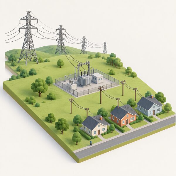 A landscape scene showing tall transmission towers with overhead cables stepping down in size to smaller distribution poles, a local substation enclosure beside a row of houses, and service cables running from the substation to the homes.