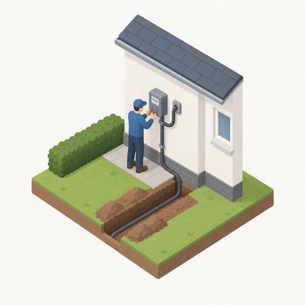 An isometric installer in plain clothing working at an electricity meter mounted on an outside wall directly beside the point where the incoming supply cable enters the property, with a small excavation trench in the ground nearby showing the buried supply cable being rerouted.