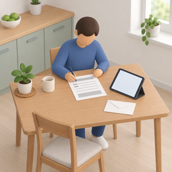 A simplified isometric figure sits at a kitchen table completing a paper form with contact details and a reason for contact, a pen in hand, while a sealed envelope and a tablet showing a blank email screen wait on the table beside the form.