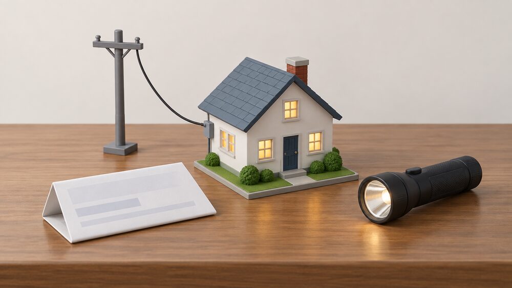 A small model of a house sits on a table beside a folded electricity bill and a torch, with a miniature electricity pole and cable leading to the house to show the network connection a household depends on.
