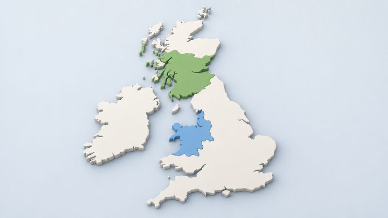 A simplified map of Great Britain with two plain shaded regions, one covering central and southern Scotland and one covering Merseyside, Cheshire and North Wales, with the Irish Sea between them and the rest of the country left unshaded.