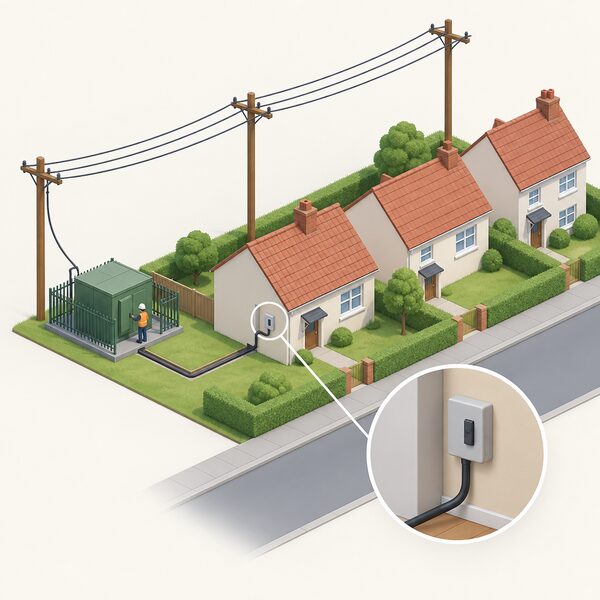 A simplified isometric street scene showing overhead power lines on wooden poles running to a small ground-level substation beside a row of homes, with a service cable entering one house to its main fuse, one plain-clothed network worker inspecting the substation.