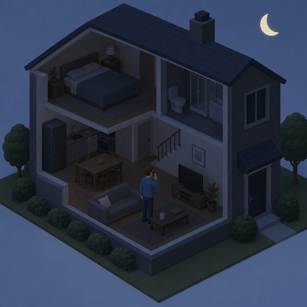A dark house at night with unlit windows while a person inside holds a phone to their ear making a call, a lit lamp and switched-off appliances nearby showing the home is without electricity during the outage.