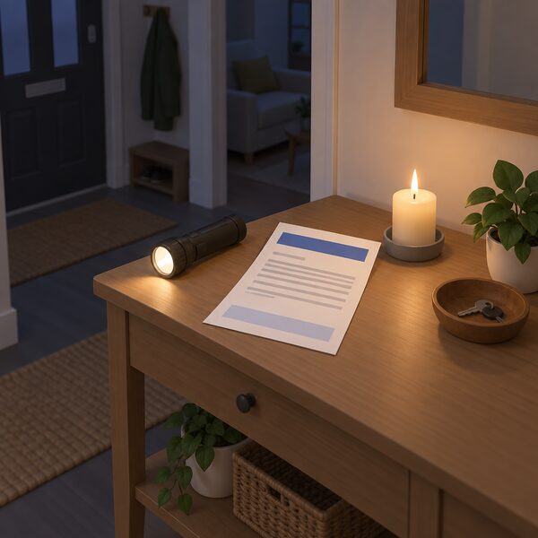 A compensation letter from the network operator lying on a hallway table in a home during an outage, shown as a physical sheet with plain colour bands and blank lines instead of readable text, beside a lit torch and a candle, with no figures or words anywhere.