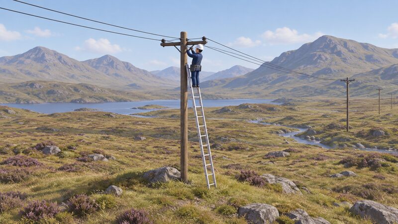 A small isometric line-worker in plain clothing and a safety helmet stands on a ladder against a wooden distribution pole in open Highland countryside, working on the bare low-voltage overhead conductors at the pole top as they stretch away across rough grassland and low hills.