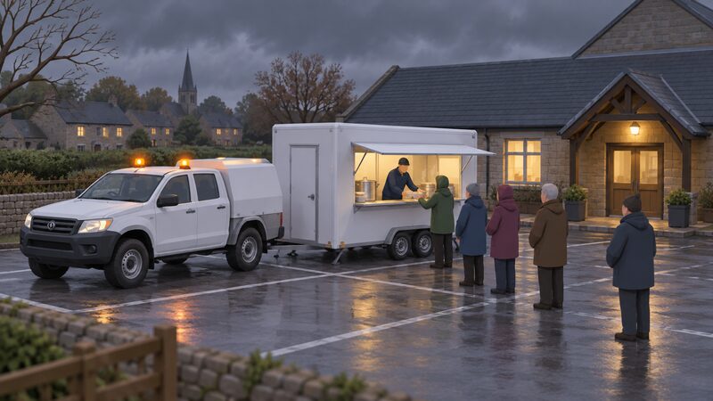 A storm response vehicle and a welfare unit parked side by side in a village hall car park during a power cut, with a small queue of villagers collecting hot meals from the welfare unit's serving hatch while a crew member in plain work clothing hands out food.