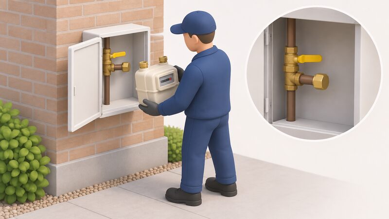 A gas engineer in plain work clothing lifts a gas meter out of a wall-mounted external meter box, leaving the inlet pipe capped just downstream of the emergency control valve inside the box.